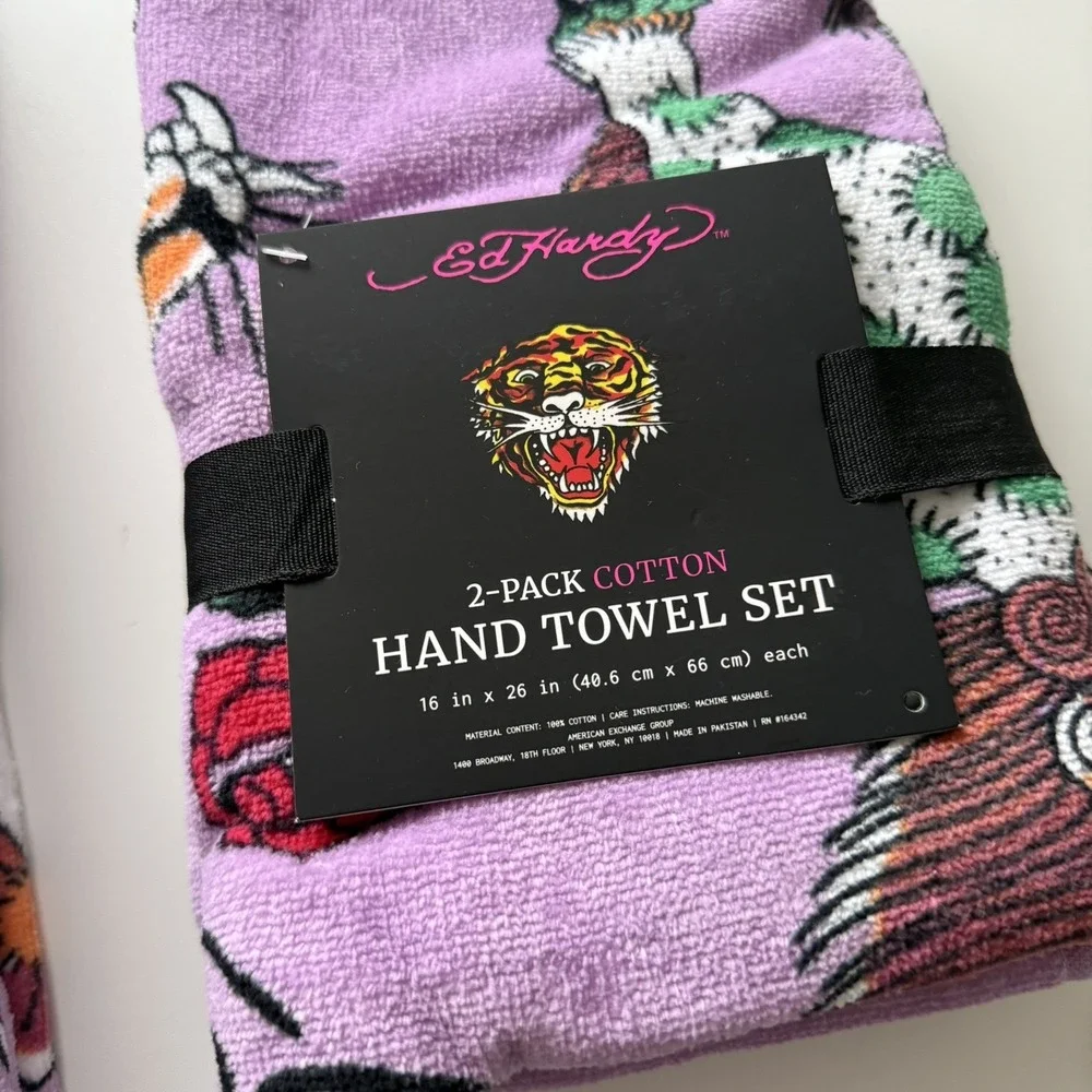 Ed Hardy Purple Bath Towel 4 Piece Set, 100% Cotton 2 Bath Towels 2Hand Towels